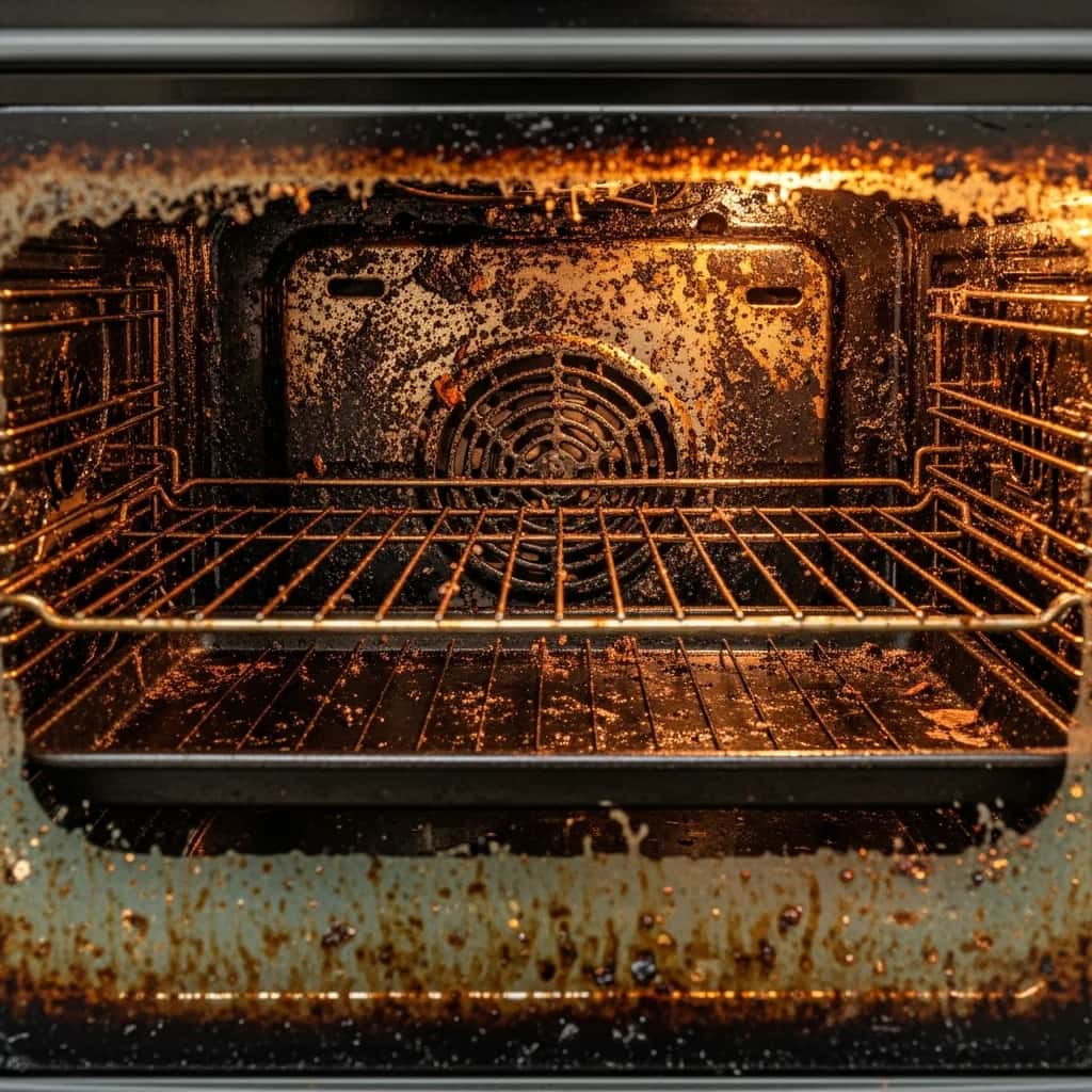 Oven before MINT professional cleaning — The landlord said replace it. We said hold our cloth.
