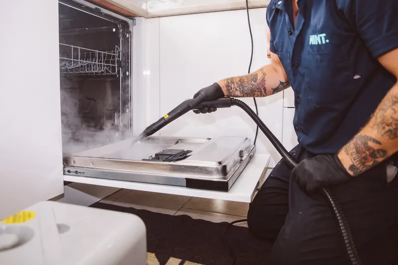 Taylor steam-cleaning the inside of a dishwasher
